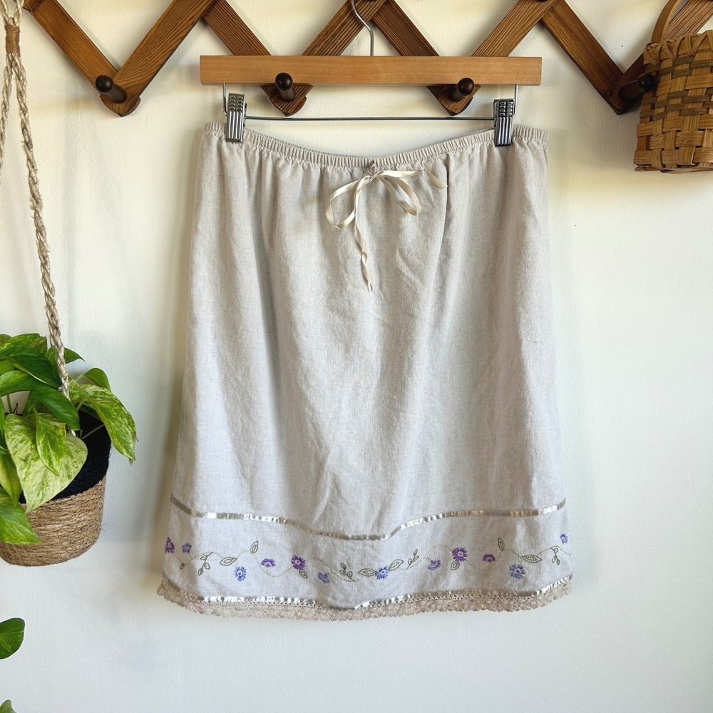 Vintage Kathie Lee Collection Linen Blend Embroidered Floral Lace Trim Skirt